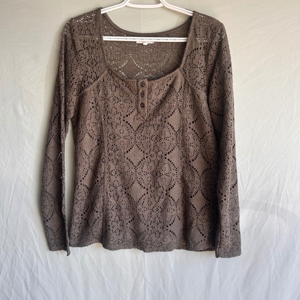 Maurices Indie Womens Brown Eyelet Long Sleeve Henley Top Square Neck Large